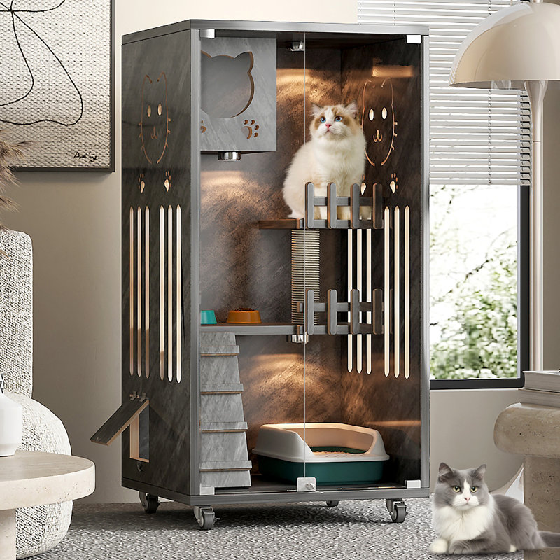 Erlend Wooden Cat Villa Indoor Cat Enclosure Enclosed Cat Haven with Ventilation and Glass Doors